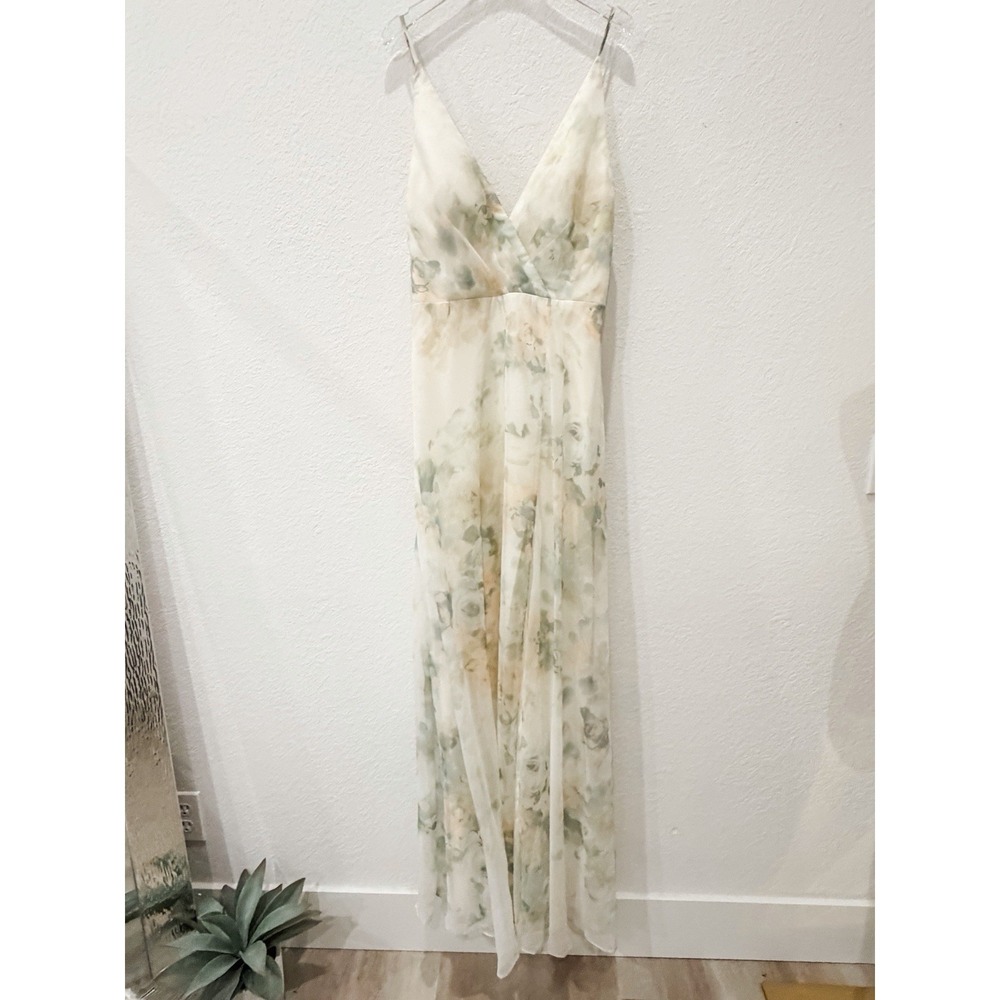 Jenny Yoo Inesse Watercolor Floral Maxi Dress Formal Bridesmaid 10 Ivory Sage - Picture 1 of 6